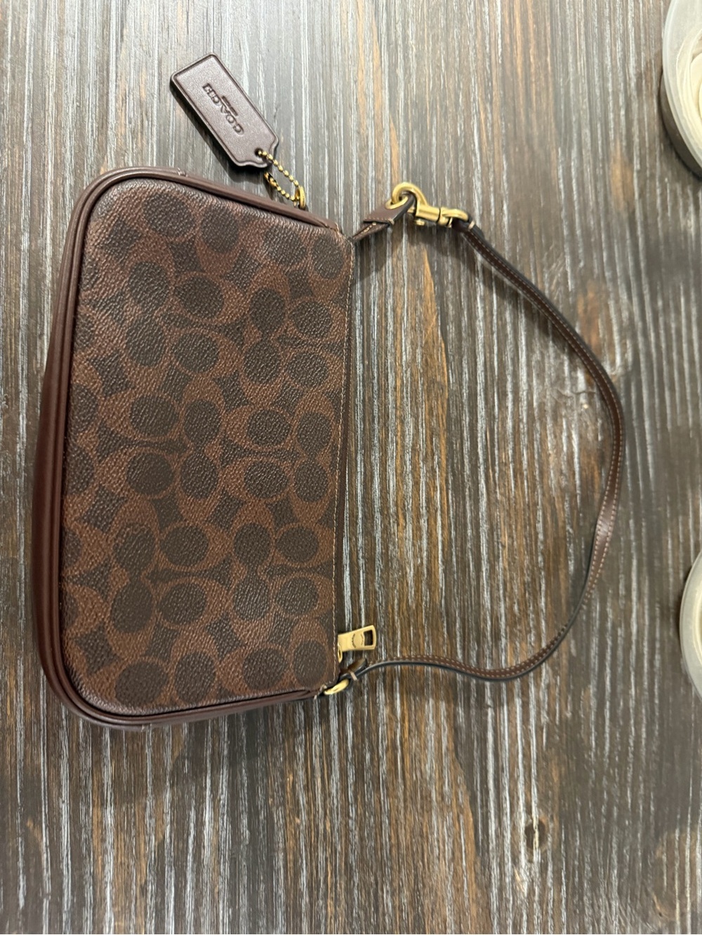 Coach Brown Signature Canvas Wristlet with Leather Strap